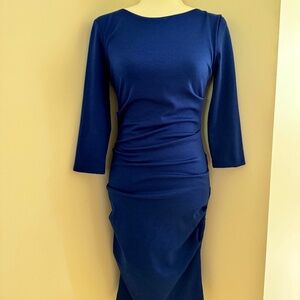 NICOLE MILLER Royal Blue 3/4 Sleeve Rouched Dress Size XS (Fits Like Small)